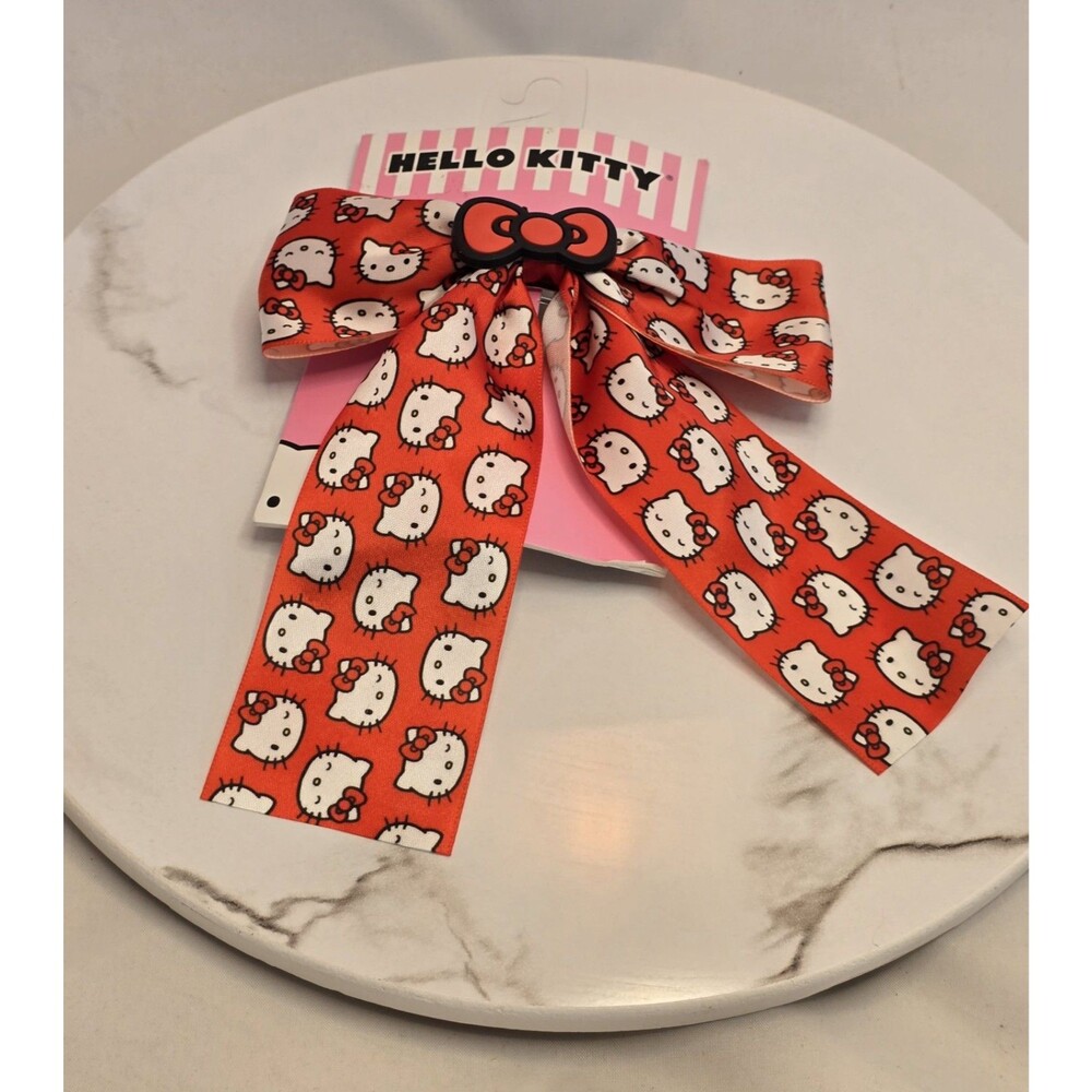New Large Hello Kitty by Sanrio Hair Bow Barrette Red Allover Print Ribbon Bow